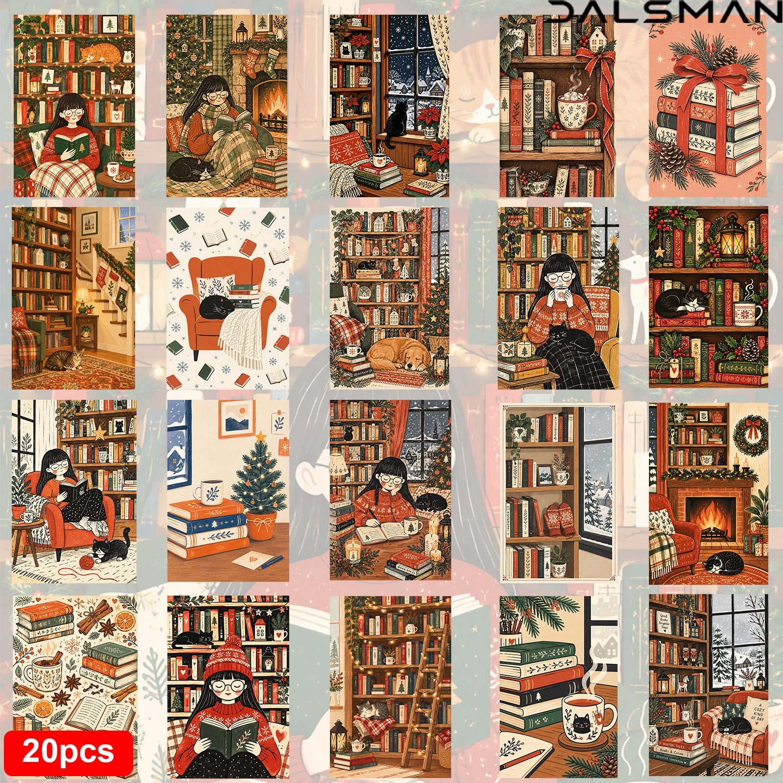 TEMU 20-pack Vintage Christmas Postcards Aesthetic Holiday Greeting Cards For Cozy Winter Library Scene Stationery For Journaling And Home Decor