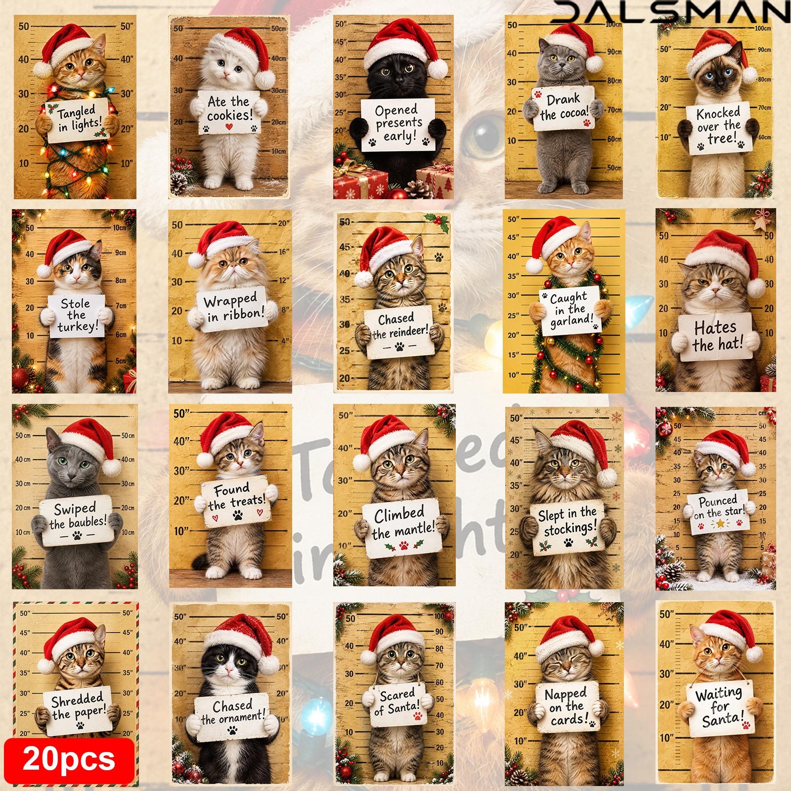 TEMU 20-pack Funny Christmas Cat Postcards Set Cute Holiday Greeting Cards For Festive Animal Stationery For Seasonal Party Decorations And Gift