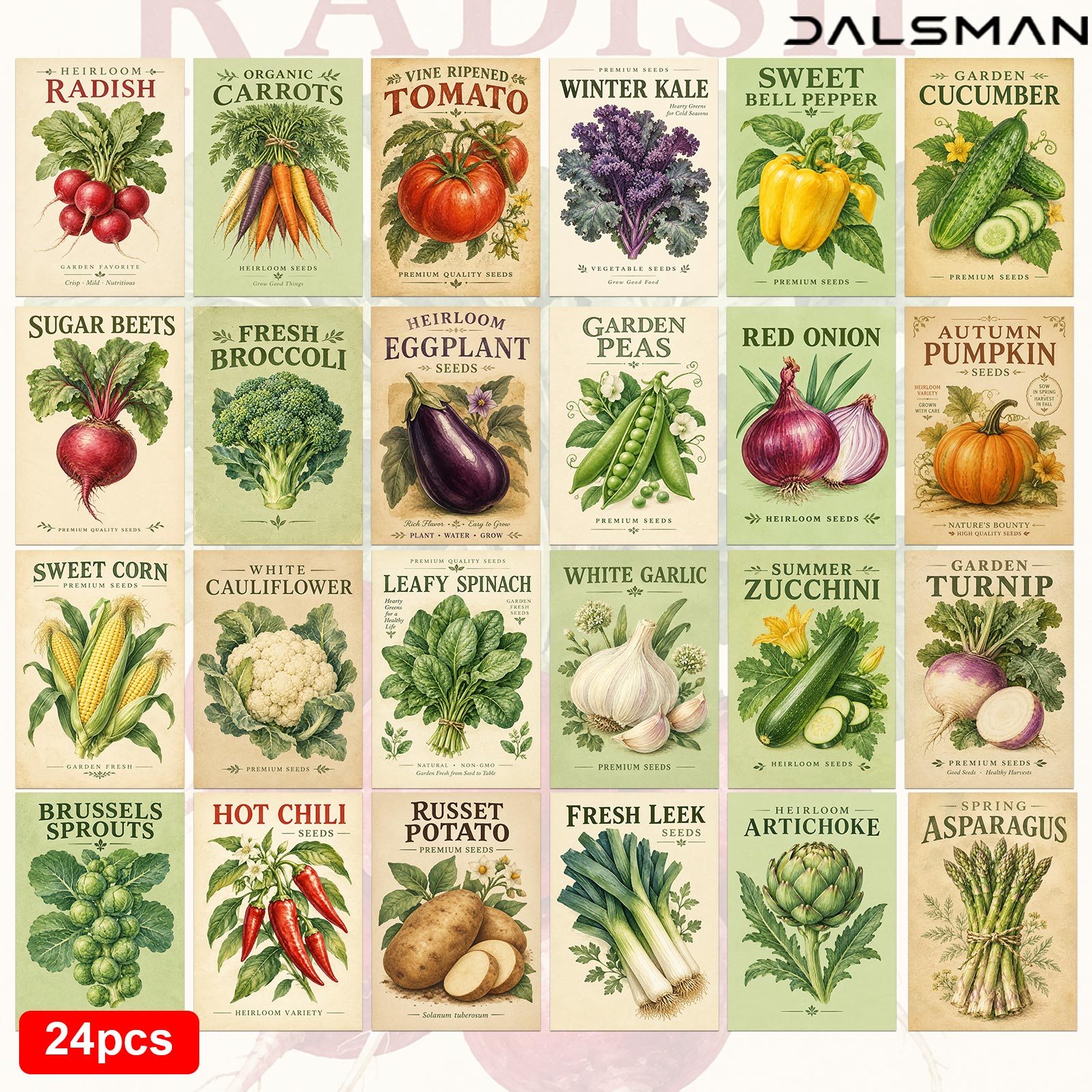 TEMU 24-pack Vintage Vegetable Seed Postcards Botanical Art Prints For Garden Lovers Home Wall Decor And Stationery Enthusiasts Dalsman