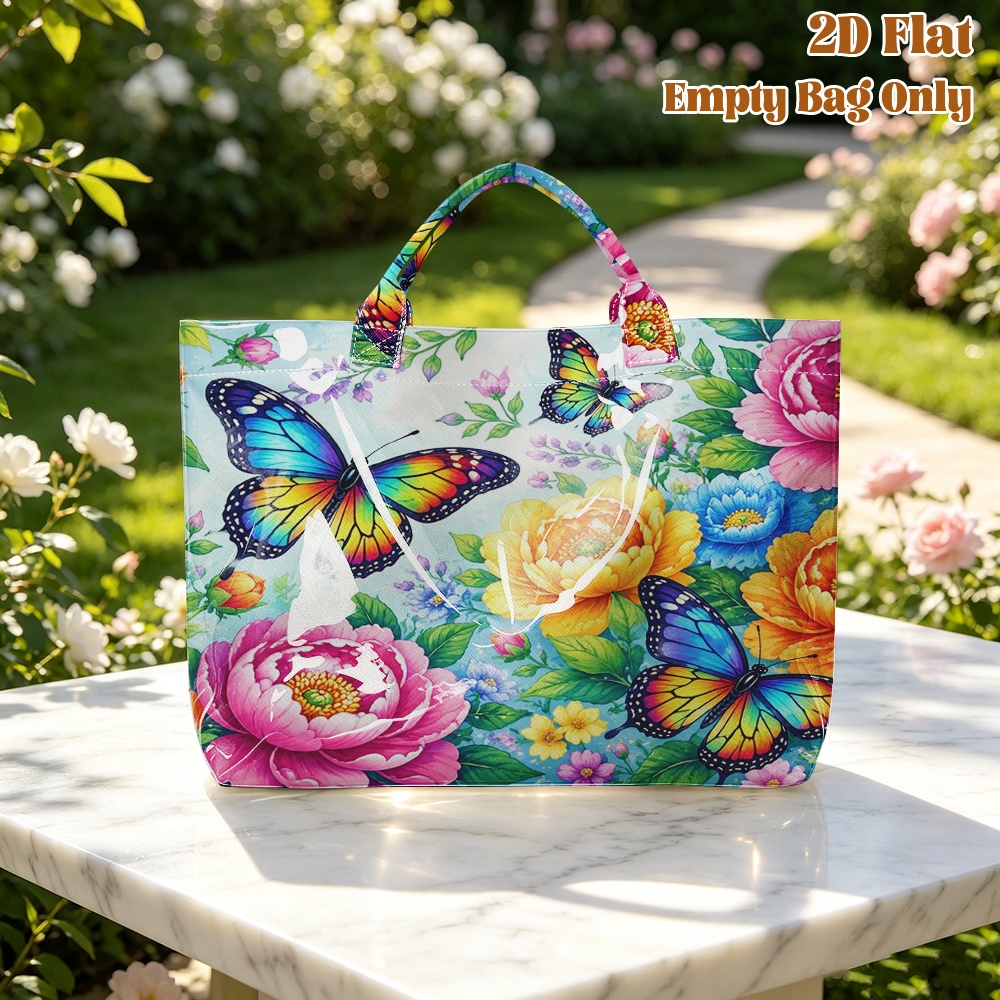 item picture 1pc grocery bags gift bags 2d flat printing butterflies and flowers pattern glossy pvc large capacity travel tote bag casual portable shopping bag student commuter bag non food contact 2d flat