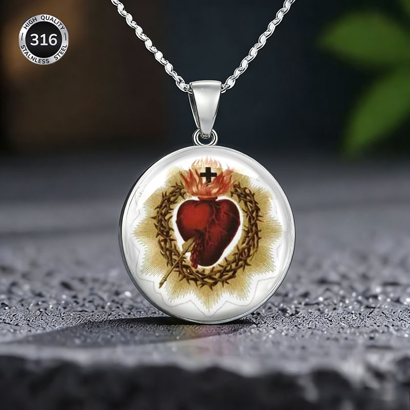 Women's Vintage Sacred Heart Pendant Necklace, Religious Design