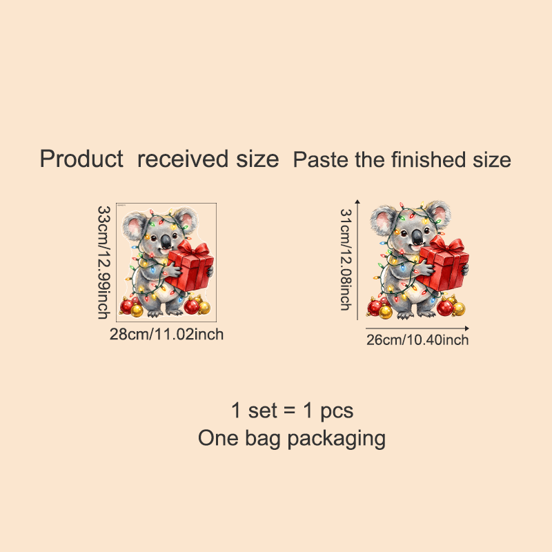 TEMU Christmas Koala Window Stickers, Wrapped In String Lights Hugging Gift Box With Baubles Pattern Sticker, Self-adhesive Glass Stickers For