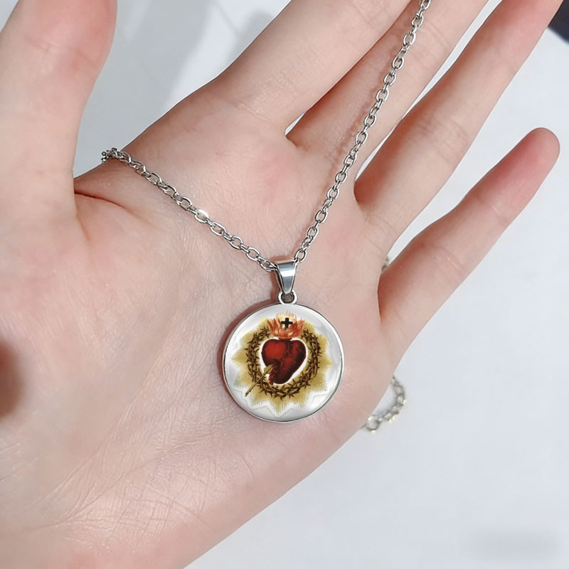 Women's Vintage Sacred Heart Pendant Necklace, Religious Design