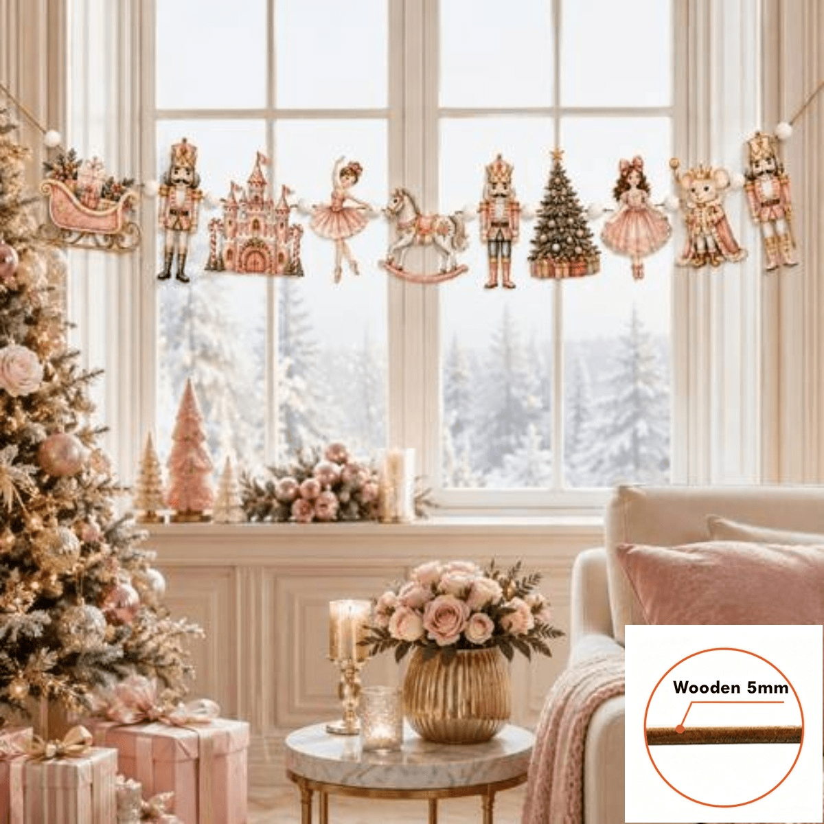 TEMU Guirlande de 10 pièces de casse- en bois avec de traîneau, ballerine, cheval à et roi des souris - Rose, convient pour les décorations de Noël,