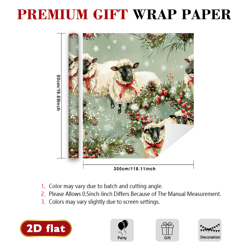 TEMU 1 Roll 2d Flat Sheep Theme Wrapping Paper Gift High-gloss Paper - Gray-green Sheep With Pine Branches And And Snow Scarf Pattern, 118.11 X 19.69