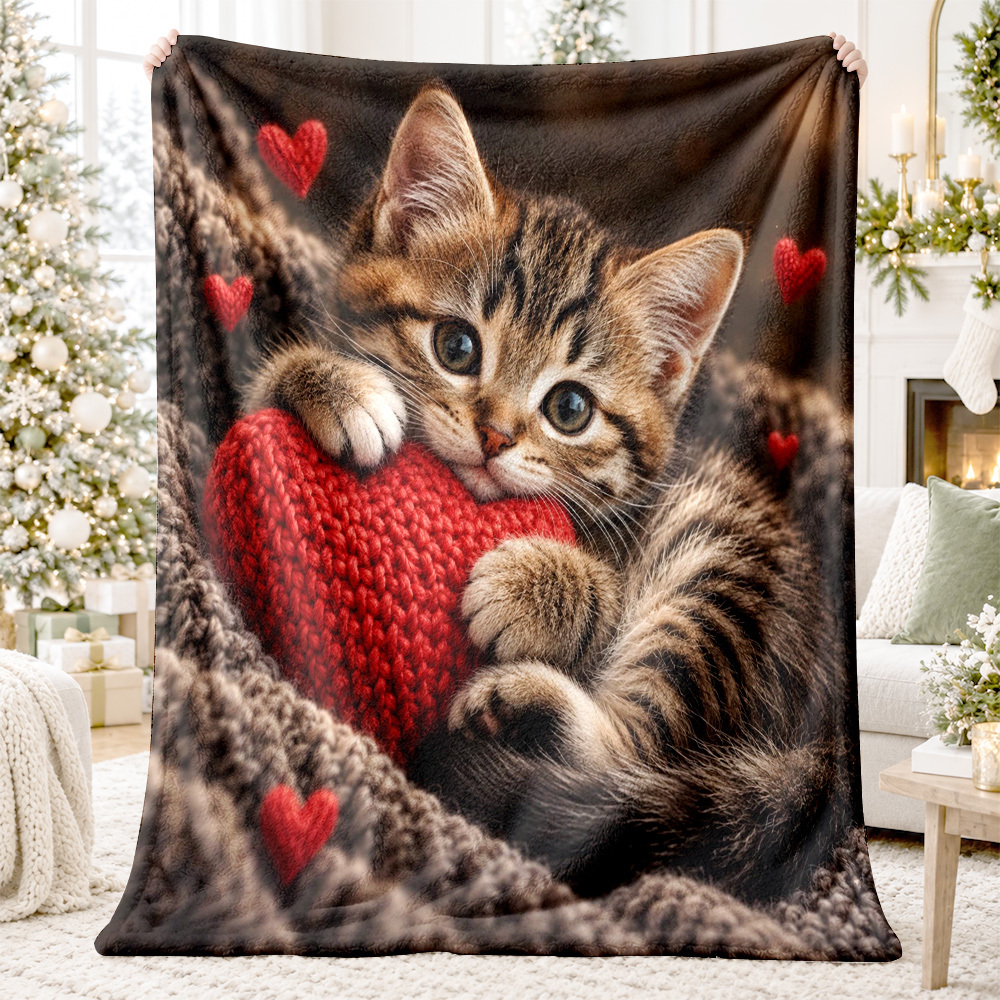 Image of 2d Flat 1pc Cute Tabby Kitten Red Heart Print Blanket Nap Cover For For Sofas Bedrooms Home Bedding Thanksgiving Day Christmas Holiday Gift For Ship From Local Warehouse