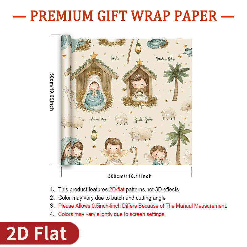 TEMU 1 Rollo de Papel de Regalo de , Adecuado para Envoltura de Regalos de Navidad con Figuras, Pastores, Palmeras y Estrellas - Papel para