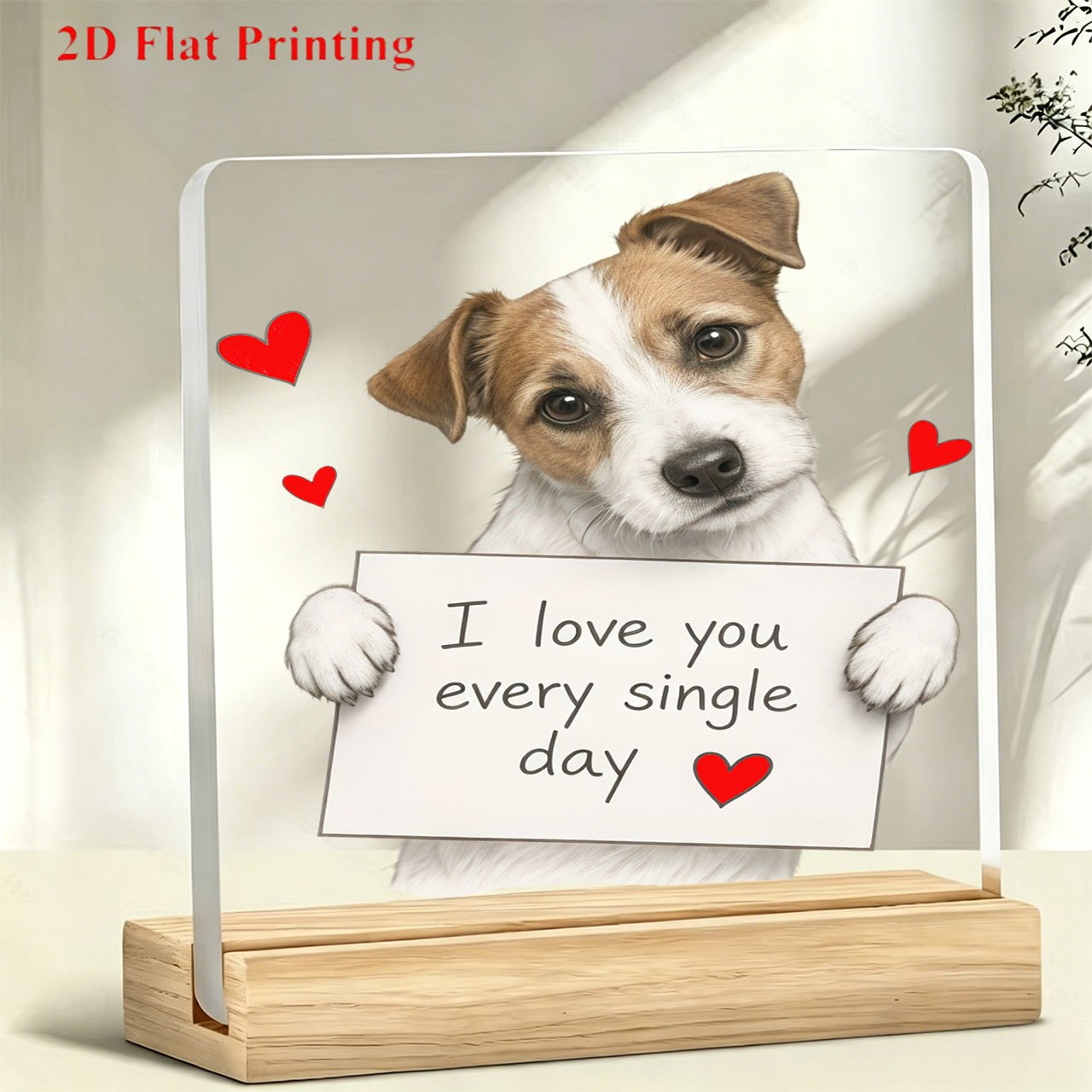TEMU 2d Flat, 1pc Terrier "i Love You Day" Acrylic Desktop Stand With Wooden Base - Cute Jrt Dog Figurine Suitable For Home Office Decor, Birthday