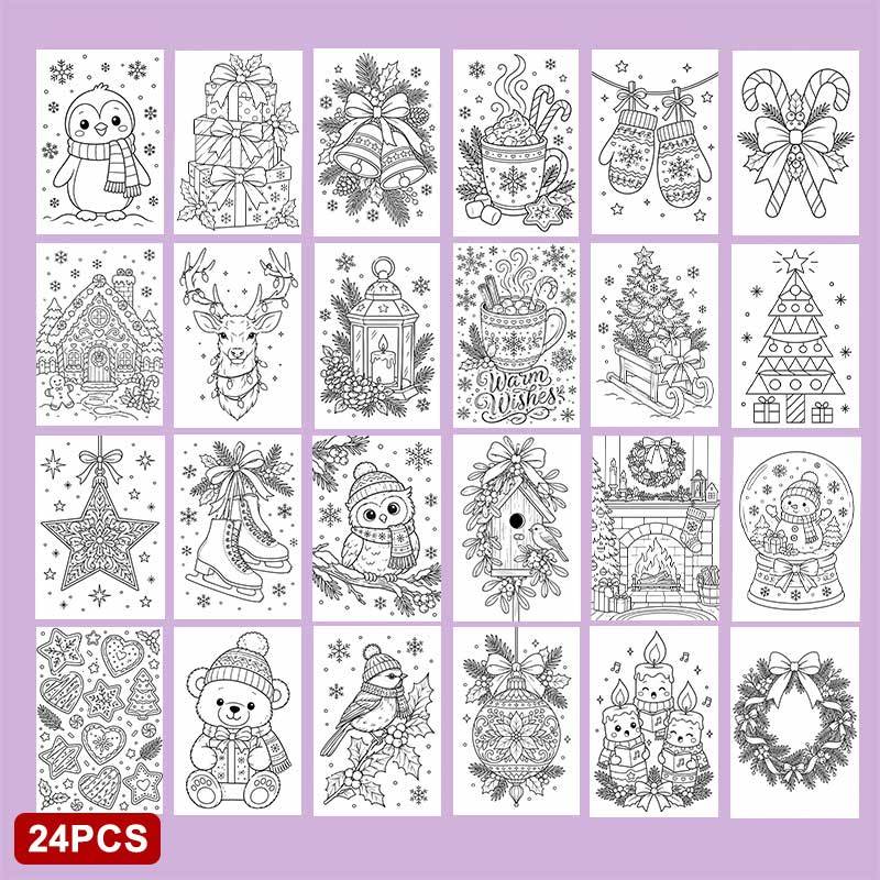 TEMU 24-pack Black And White Line-art Hand-drawn Style Christmas Postcards, 2d Flat Cards, Featuring Patterns Such As Penguins, Gifts, Bells, ,