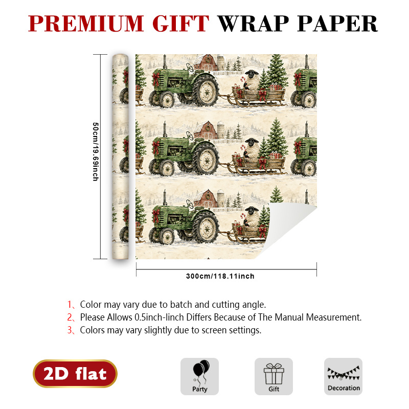 TEMU 1 Rolle 2D-flaches Weihnachtsgeschenkpapier – grüner Traktor, der Schafe zieht, mit Tannenbäumen, Schnee, Kränzen einem entfernten Hausmuster,