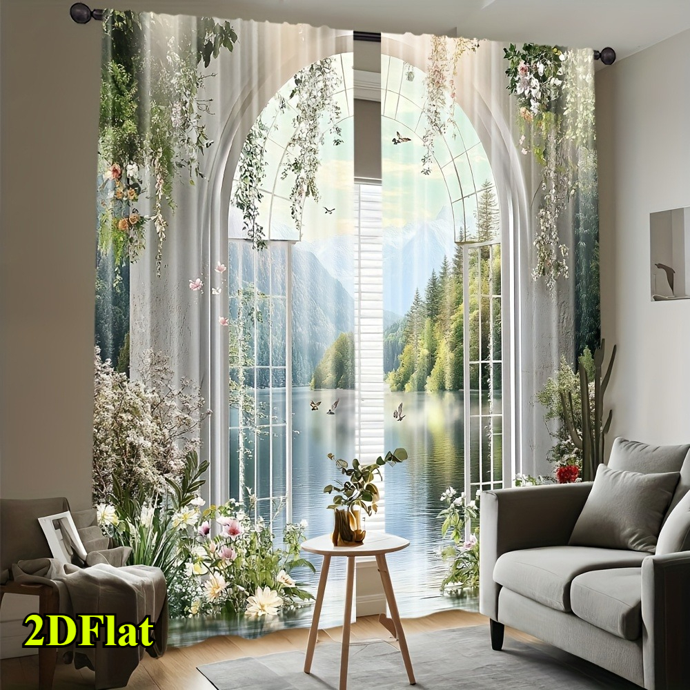 TEMU 2pcs Set, Oil Painting Style Polyester Sheer Curtains, Suitable For Bedroom, Living Room, Kitchen, Study, Home Decoration Gift