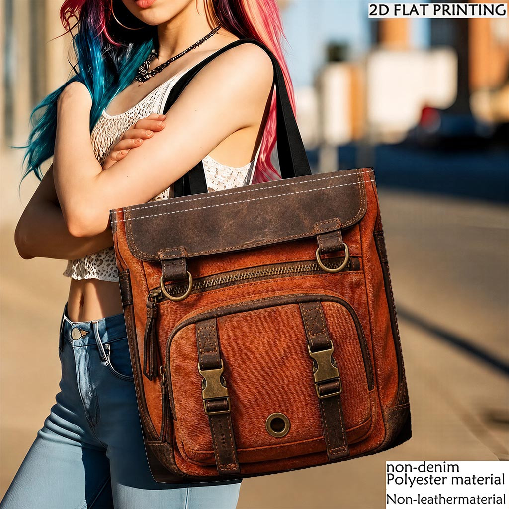TEMU 1pc Retro Orange-brown Double-layer Backpack Detail Printed Women's Bag, Handbag With Double-sided Graphic Printing, Fabric, Non- Material,