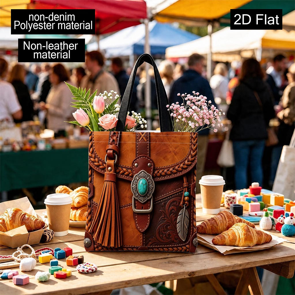 TEMU A Vintage Goods Carved Turquoise Decorated Bag, Printed Women's Tote Bag, Handbag, Double-sided Printing, 2d Flat Printing, Material, Non-