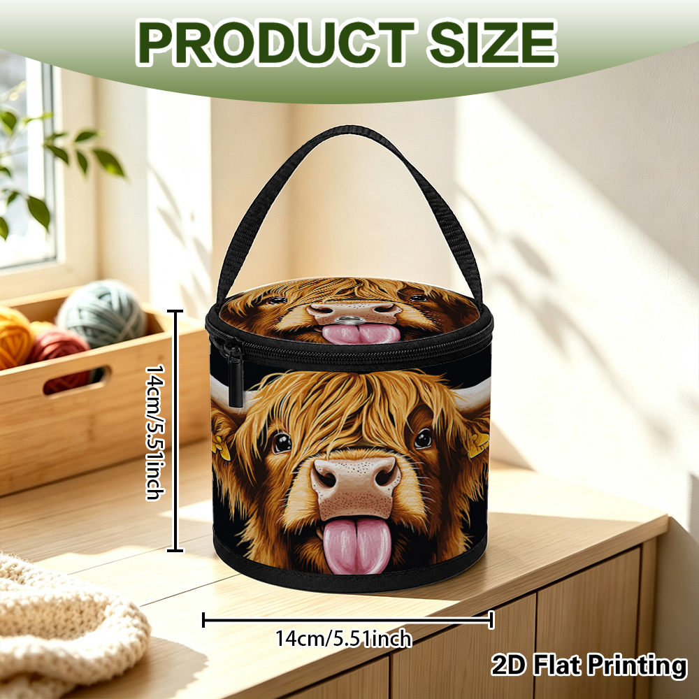 TEMU 1pc Highland Cow Yarn Holder Basket - Foldable Portable Yarn Storage Bag With Adorable Scottish Cow, Yarn Suitable For Knitting, Crochet,
