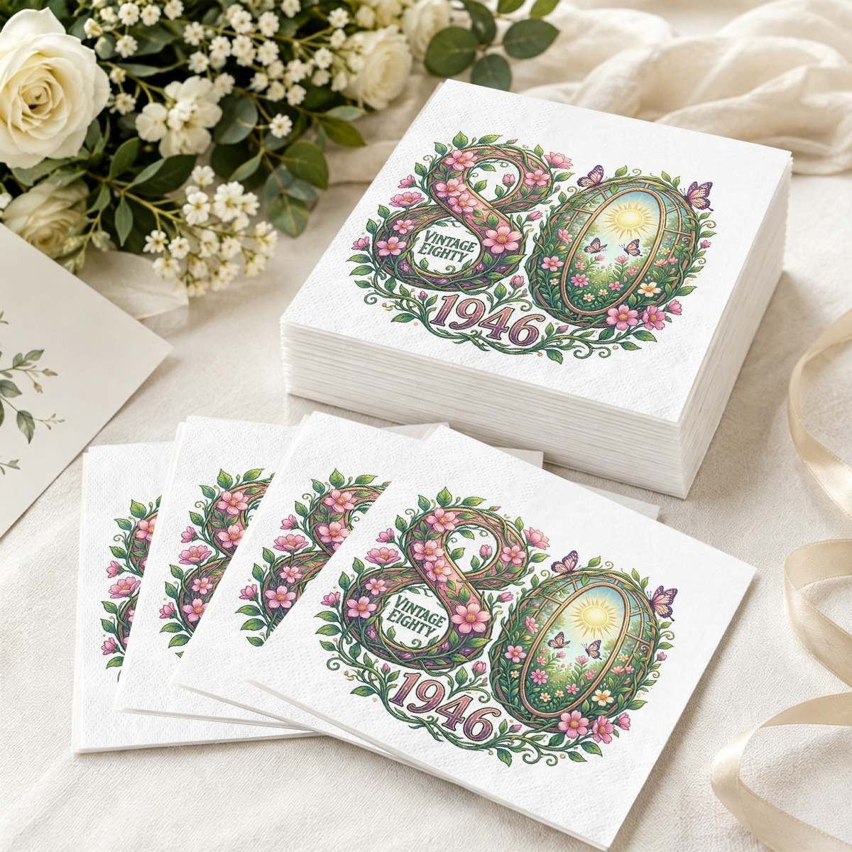 TEMU 20pcs 1946 Happy 80th Birthday Themed 2-ply Square Tissues, Decorative Napkins, Suitable For Outdoor Parties, , Friend Gatherings, Home Dinner