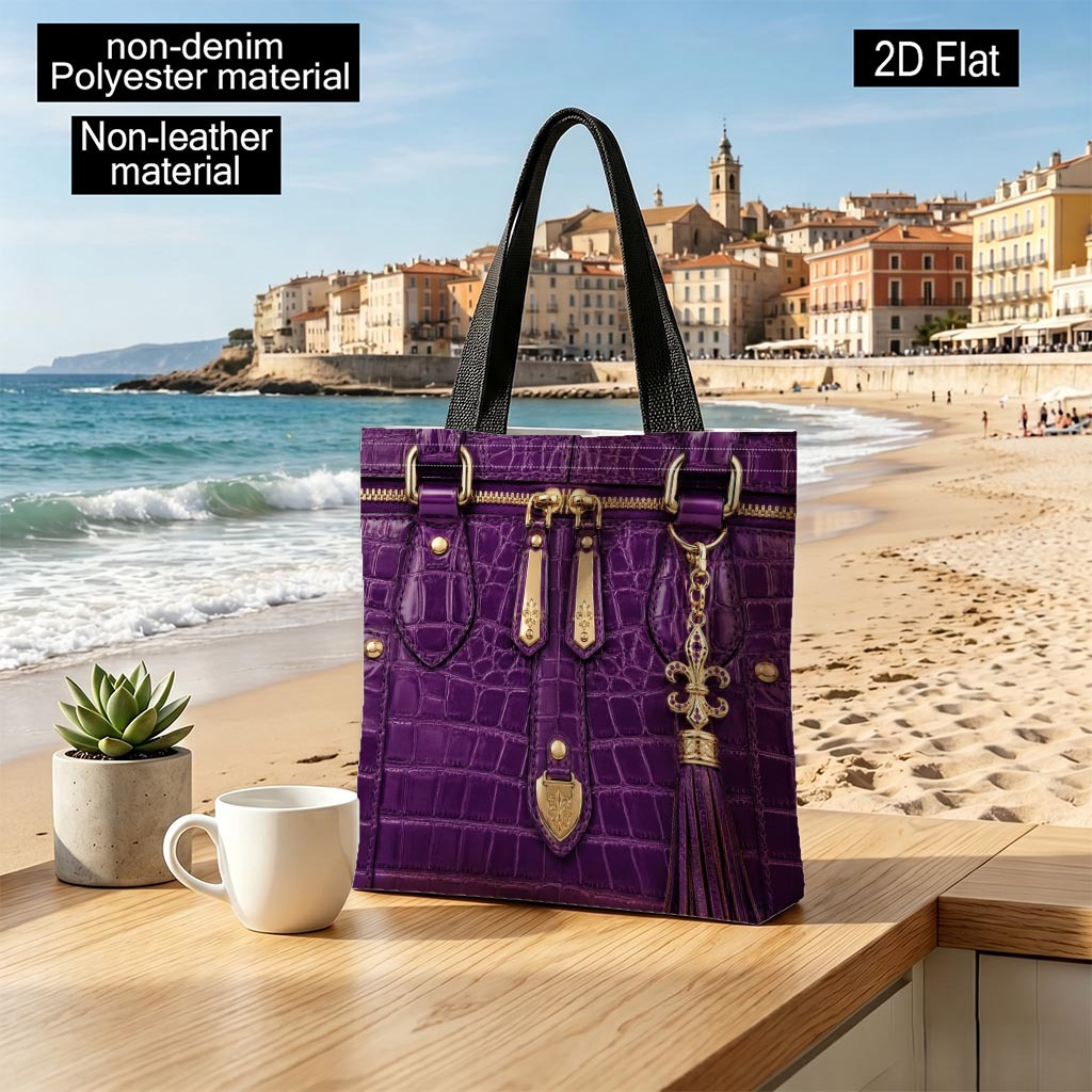 TEMU Amethyst Crocodile-pattern Handbag With Golden Accents, Printed Women's Tote Bag, Double-sided Printing, 2d Flat Printing, Material, Non-