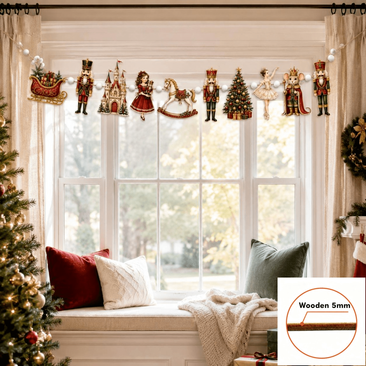 TEMU Guirlande en Bois Vintage Bannière de Noël à Suspendre Souris Roi Ballerine Cheval à Luge Motif Décoration Murale de Cheminée Xmas Fête Ornement