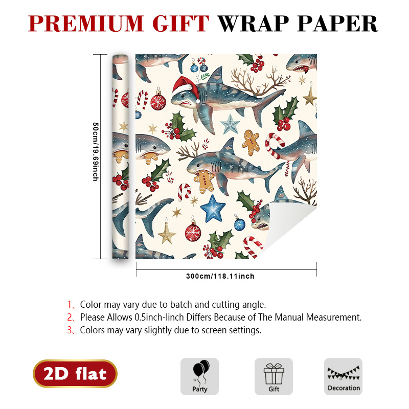 TEMU 1 Rouleau de 2D Plat Requin Fête de Noël, Papier Pailleté avec Requin Blanc Chaud Portant un Chapeau de Père Noël, Branches de , Houx, Pain