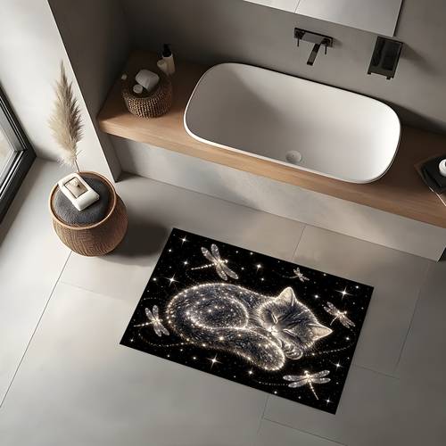 photo de l'article tapis de bain court en peluche antidérapant, motif ciel étoilé chat et , lavable en machine, et durable, convient pour de bain, lentrée, , à manger, et la décoration de bureau, décoration intérieure, cadeau avec design
