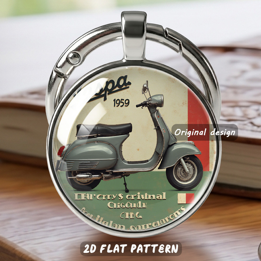 TEMU 1 Round Keychain, Vintage-style Gray Pedal Motorcycle Pattern Round Keychain, Nostalgic Italian-style Accessory, Suitable As A Portable Pendant