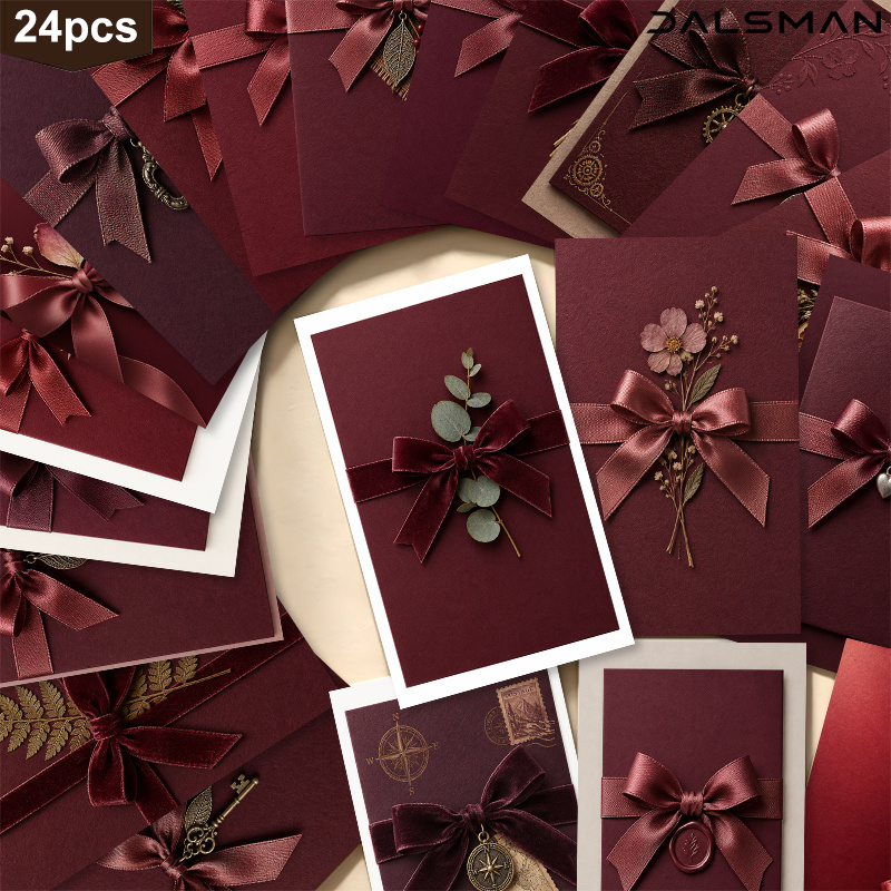 TEMU Juego de 24 postales elegantes color borgoña con de cinta y dijes de metal para festivos y ocasiones de regalos románticos DALSMAN