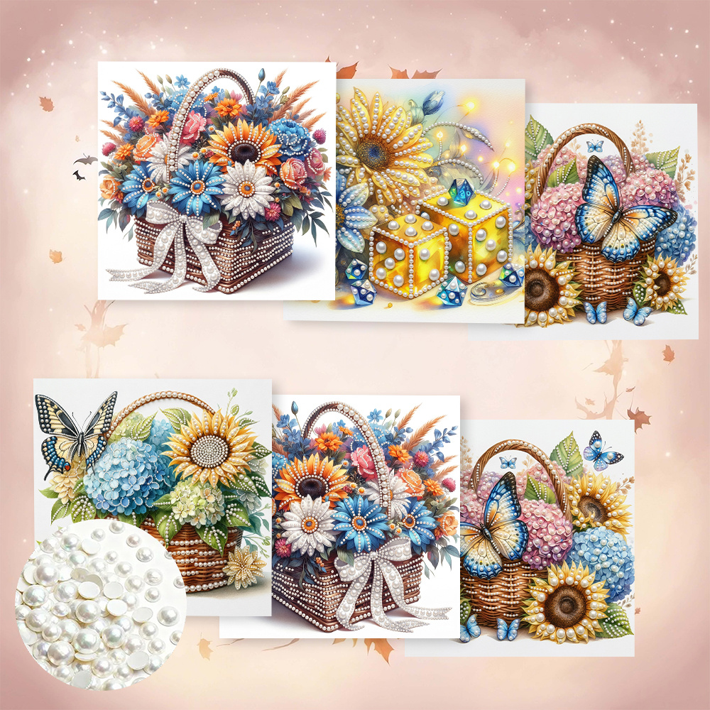 TEMU 6pcs Diy Beautiful Sunflower Floral Theme Pearl Drill Art Painting Holiday Greeting Card Kit, Diy Special Shape Pearl Mosaic Postcards, Holiday