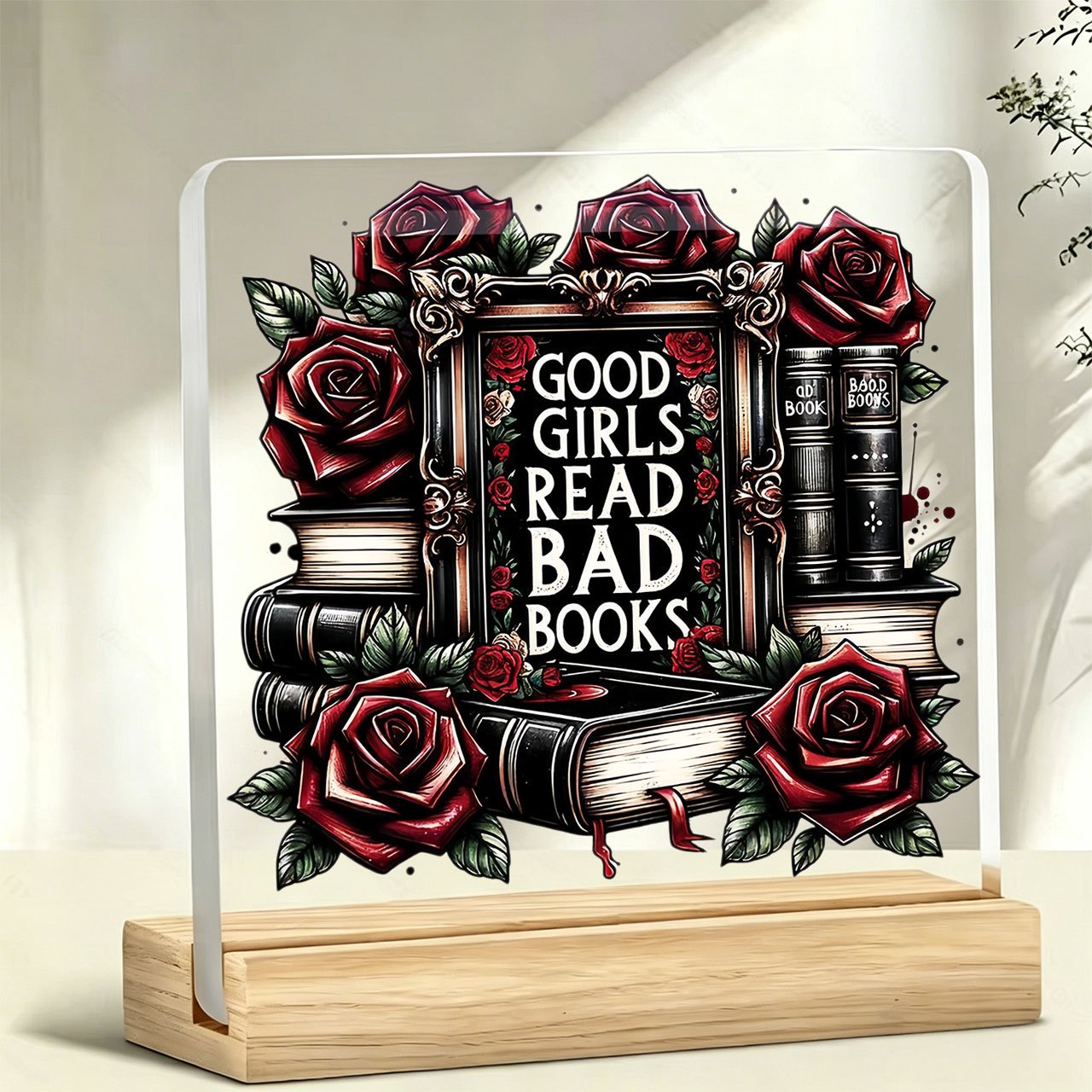 TEMU 2d Flat, 1pc Bohemian " Read Bad Books" Bookend & Paperweight With Wooden Base - Acrylic Standing Figure Suitable For Home Office Desk Decor,
