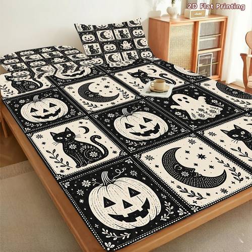 3pcs 2d flat pumpkins ghosts print fitted sheet set retro monochrome pattern holiday theme breathable polyester machine washable for bedroom guest 1 fitted sheet and 2 pillowcases