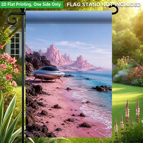 item picture 2d flat 2d flat printing garden flag 1pc landscape with futuristic spaceship polyester garden flag single side printing beach decoration flag celebration decoration flag no pole included 2d flat