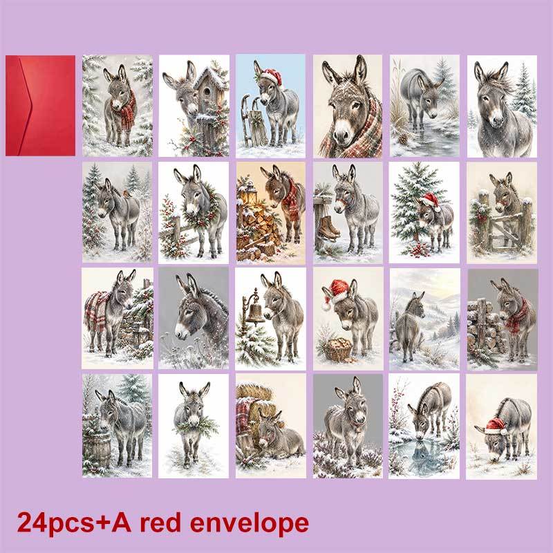 TEMU 24-pack And A Red Envelope Adorable Postcard, Cute Donkey In Snowy Scenery With Merry Christmas, Suitable For , Winter Festival Rustic Artistic