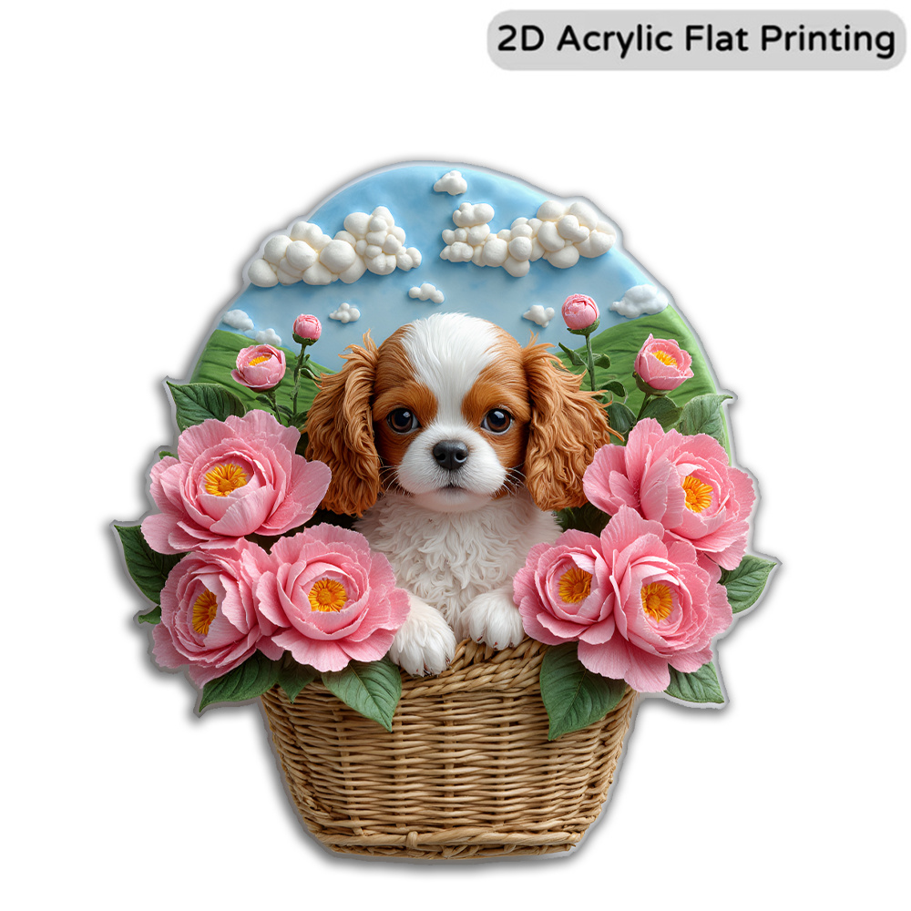 TEMU Aimants de réfrigérateur plats 2D en acrylique, adorable chiot King Charles Spaniel dans un panier en osier avec des roses éclatantes - Parfait