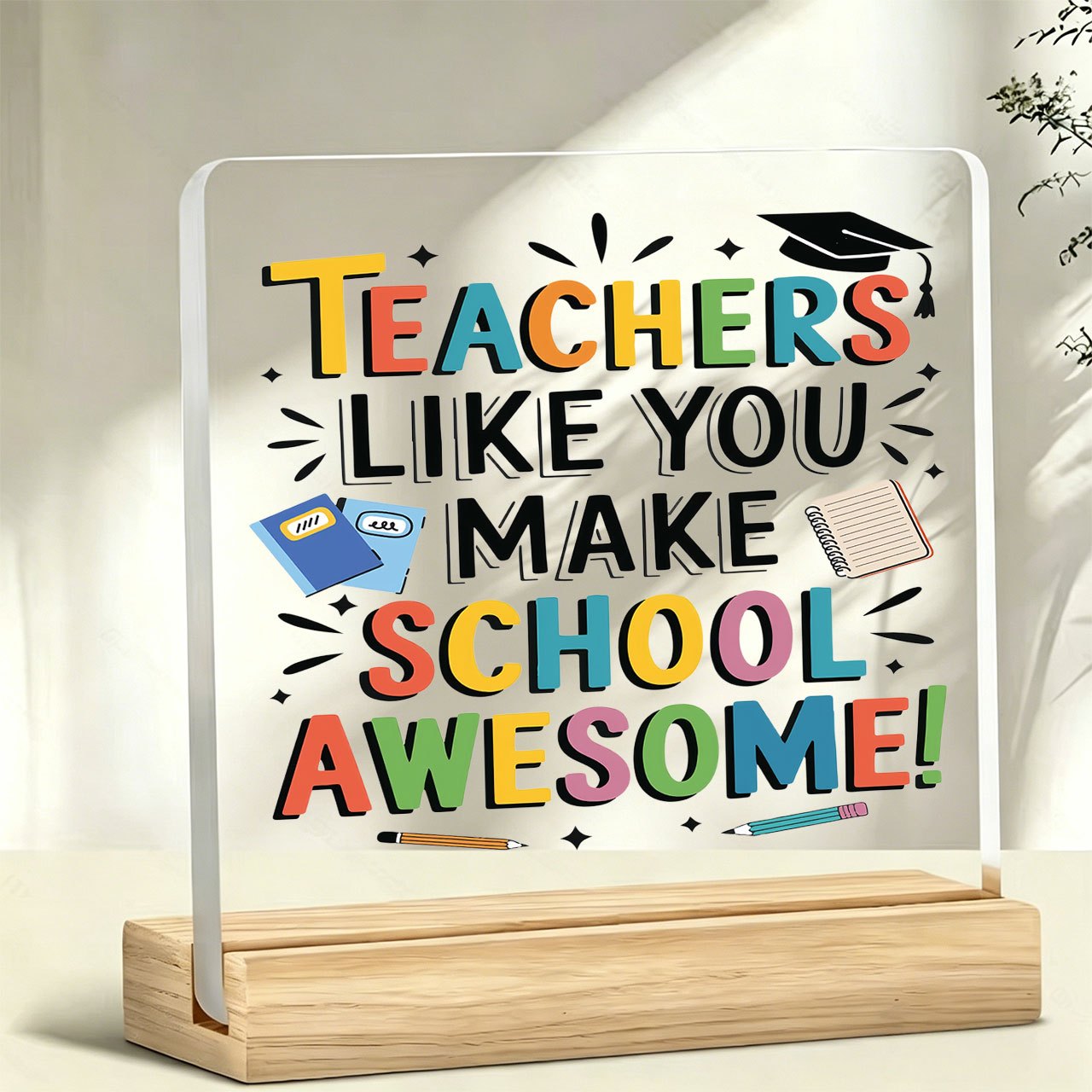 TEMU [2d Flat] 1pc Teachers Make School Awesome Tabletop Ornament Bookend, Inspirational Slogan, Warm Message, Acrylic Ornament, Home Decor, With