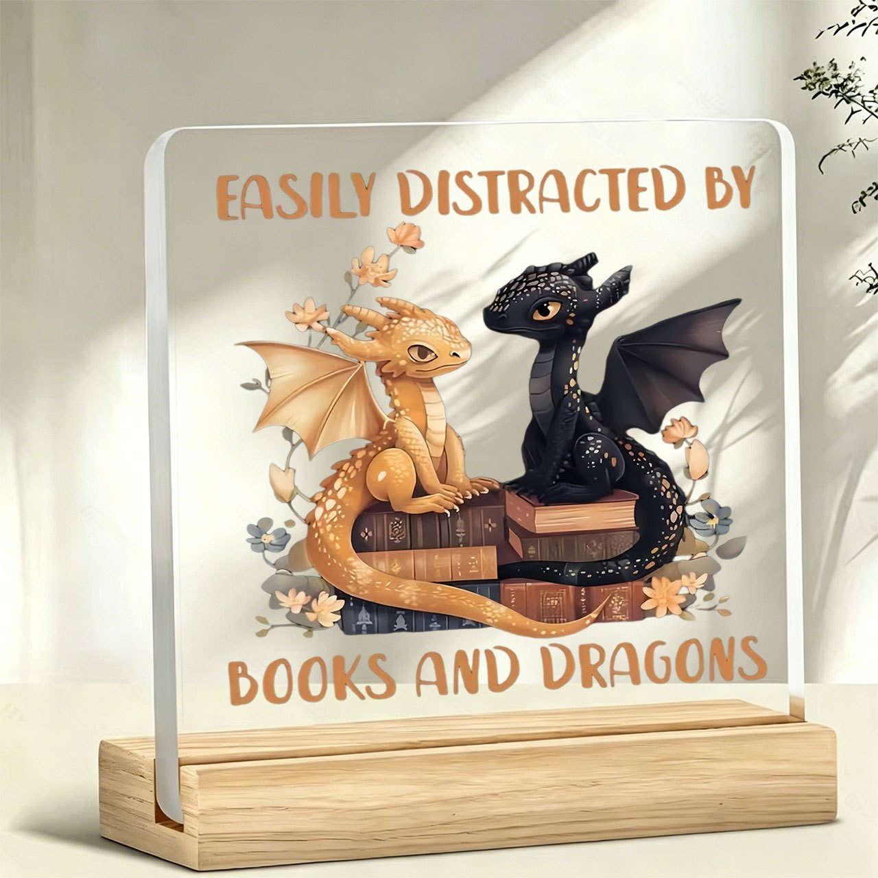TEMU 1pc "easily By Books And Dragons" Acrylic Standing Figure Paperweight, Motivational Slogan, Warm Slogan, Acrylic Ornament, Home Decor, With