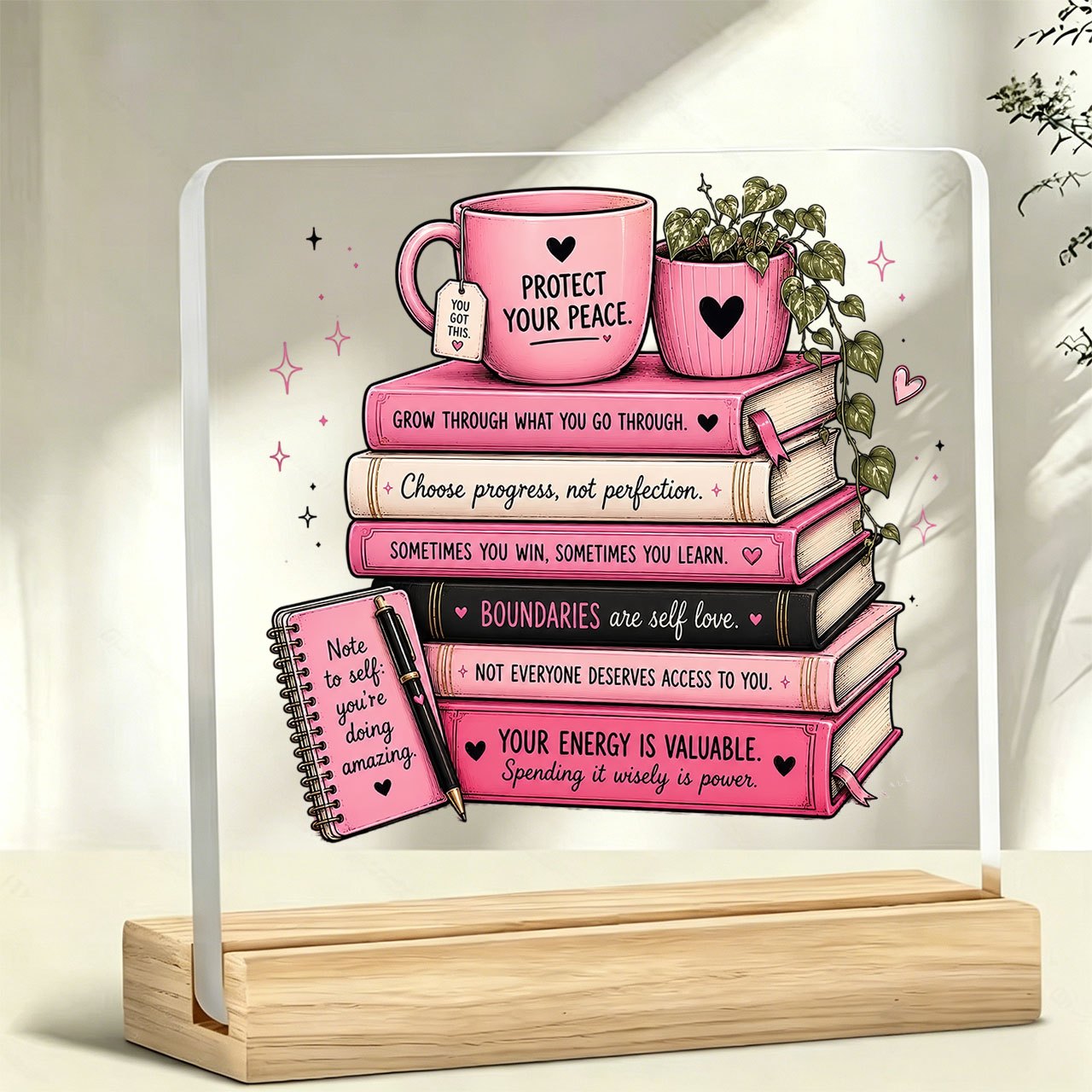TEMU 1pc Pink Inspirational Book With Heart Element Standing Ornament Paperweight, Motivational Slogan, Warm Slogan, Acrylic Ornament, Home Decor,