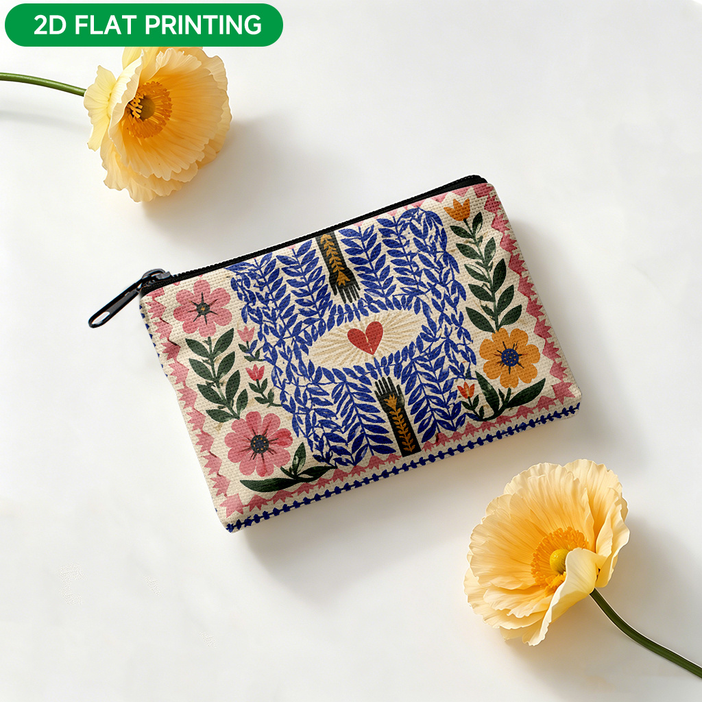 TEMU Porte-monnaie plat 2D 1 pièce, motif floral cœur , mini portefeuille zippé de style rétro, petit et , organisateur pour