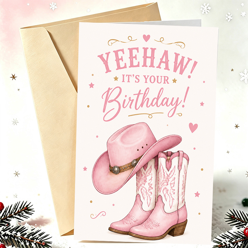 TEMU 1 Carte de Vœux + 1 Enveloppe Carte d'Anniversaire Western, Chapeau de Cowboy Rose et Bottes "Yeehaw C'est Ton Anniversaire" pour Amis, Fête