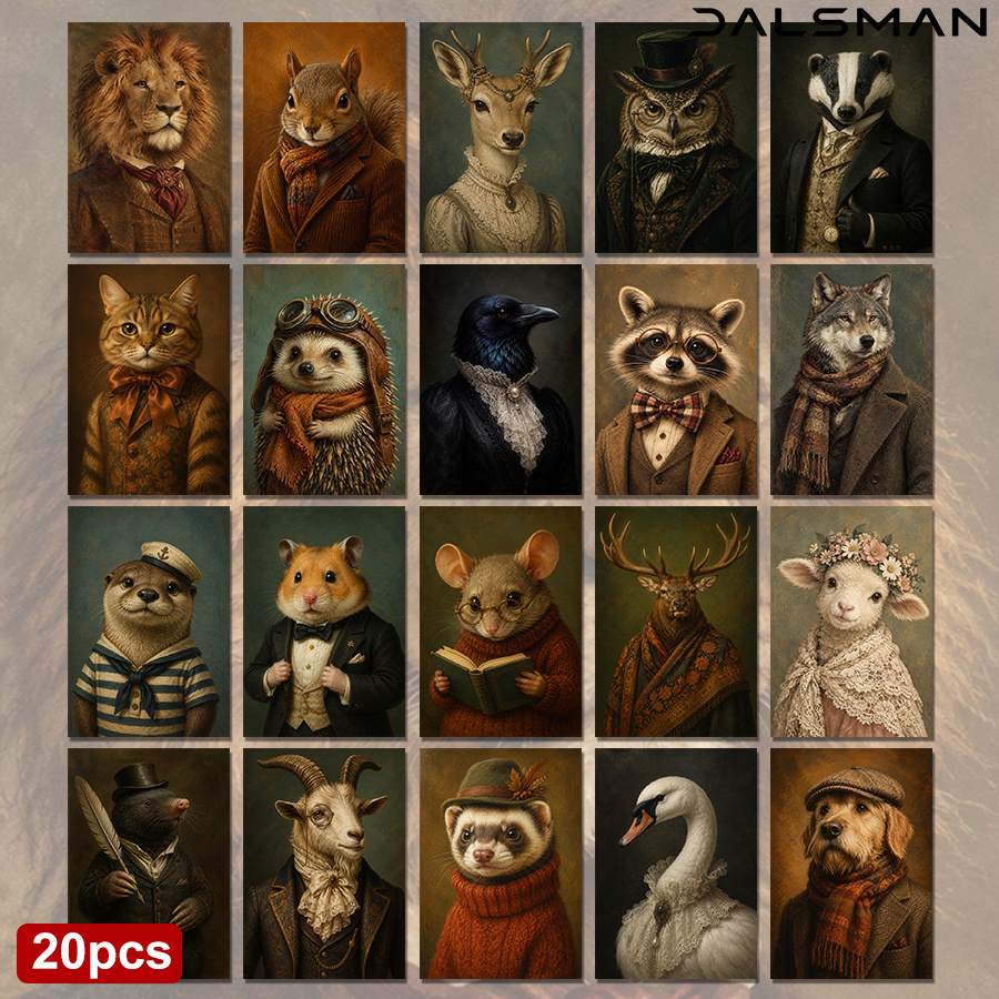 TEMU 20-pack Vintage Animal Portrait Postcards Set Victorian Style Aesthetic Stationery For Birthday Greeting Cards Home Decor Wall Dalsman