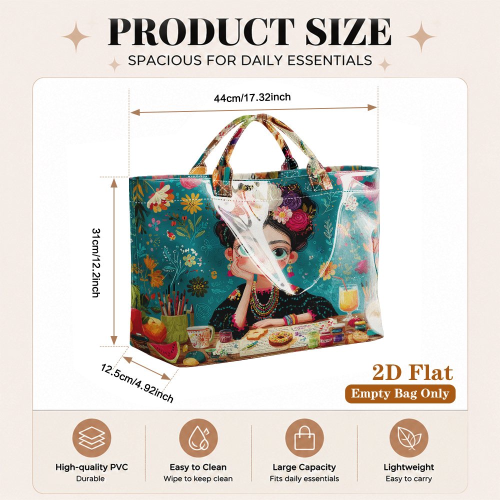 TEMU (Plat 2D) 1 pièce Sac fourre-tout de voyage robuste à imprimé portrait floral coloré, en PVC, convient pour , les courses et quotidiennes, pour
