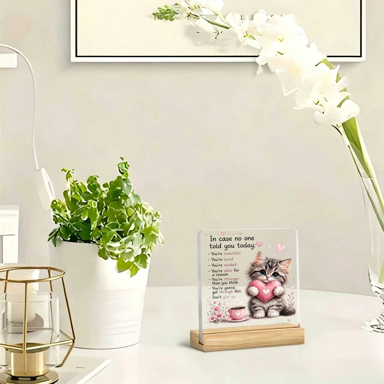 TEMU 1pc Cute Cat Hugging A Heart-shaped Paperweight, Inspirational Slogan, Warm Slogan, Acrylic Ornament, Home Decor, With Wooden Base, Paperweight,