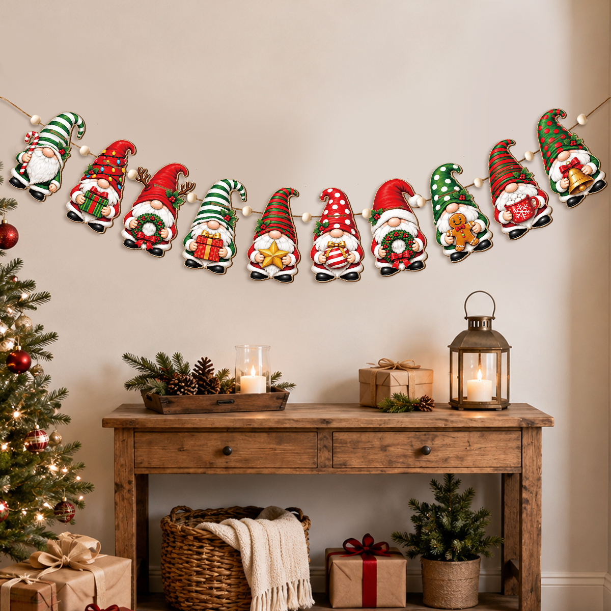 TEMU Wooden Gnome Wreath Ornament With Gingerbread Bell & Candy Cane - Vintage Hanging Banner Suitable For Christmas, , Thanksgiving Decorations -