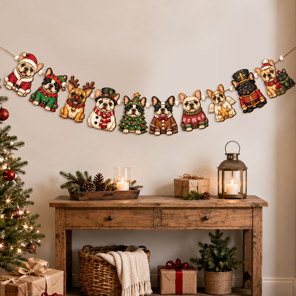 TEMU Ornement Couronne en Bois Bouledogue Français (avec de Bouledogue Français) - Style Vintage, Convient pour Noël, des Morts et Thanksgiving,