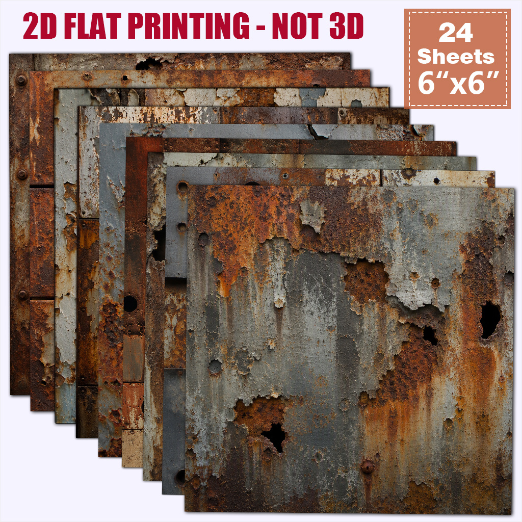 TEMU 2D PLAT 24 Vellen Niet-Herhalend 6X6 Inch Distressed Roest IJzeren Print Papier Industriële Stijl Roest Metaal Clipping Dun Papier Junk Journal