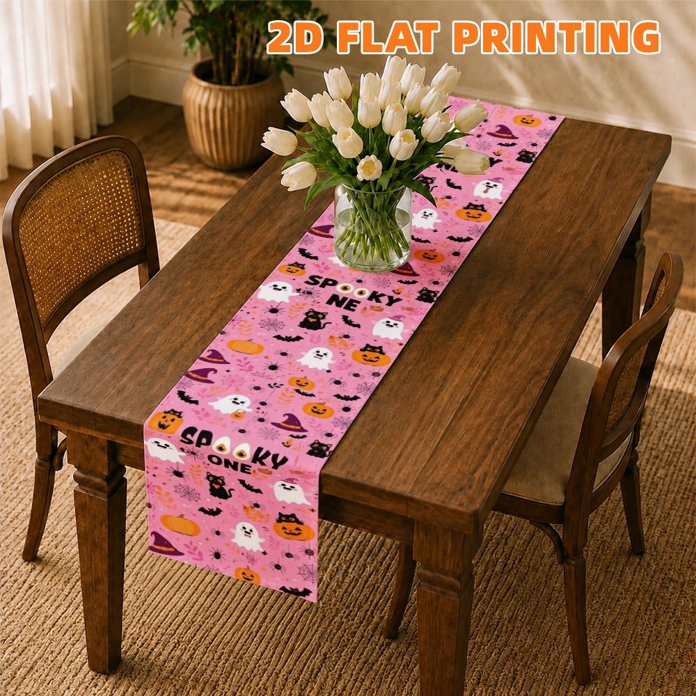 item picture   1pc modern halloween pink ghosts and pumpkins pattern table runner   holiday decoration for kitchen and dining table runner table cloth room decor     use