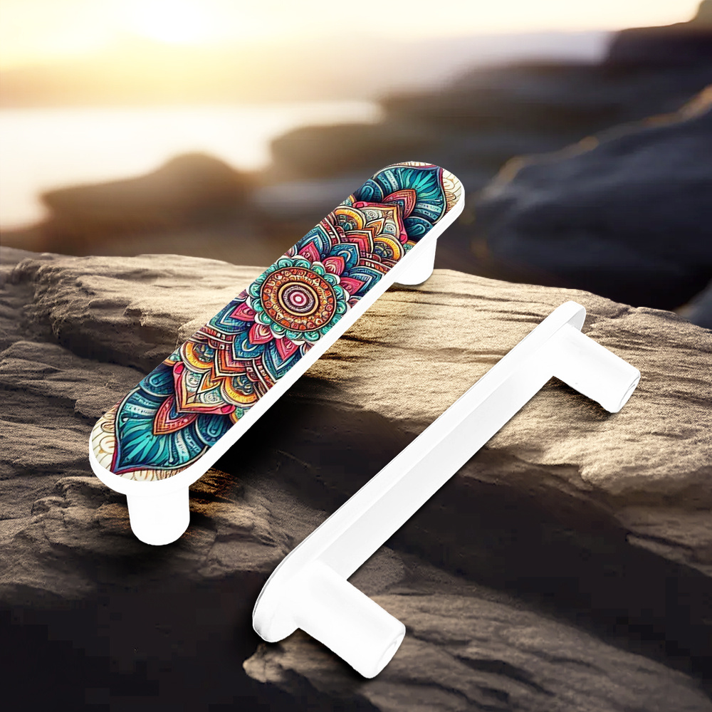 artikel foto 4 stuks decoratieve ladeklinkers, kleurrijke kunst mandala kastgrepen, 96mm gatenafstand, ergonomische grip, universele pasvorm voor bureau   en kledingkastdeuren, knutselspullen, optionele zwarte/witte/zilveren basis, met montageschroeven, eenvoudige installatie