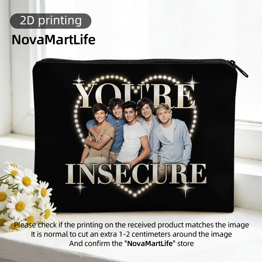 TEMU 2d Printing Heart-shaped Group Photo Cosmetic Pouch, Portable Zipper Makeup Bag With Glittery Star Border, Unisex Travel Toiletry Storage For