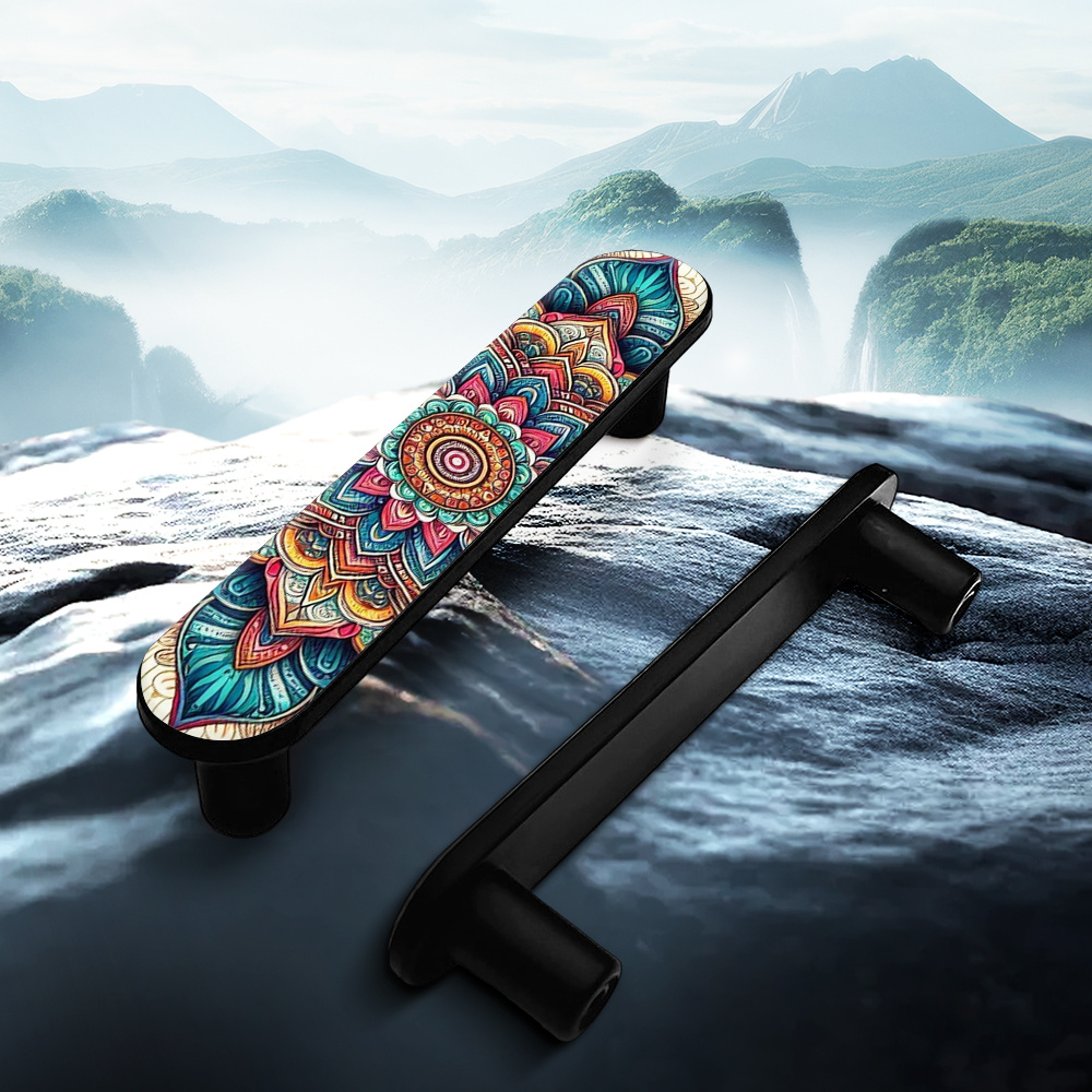 4 stuks decoratieve ladeklinkers, kleurrijke kunst mandala kastgrepen, 96mm gatenafstand, ergonomische grip, universele pasvorm voor bureau   en kledingkastdeuren, knutselspullen, optionele zwarte/witte/zilveren basis, met montageschroeven, eenvoudige installatie