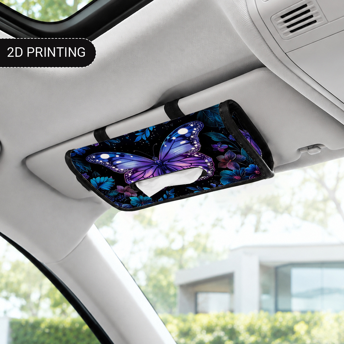TEMU Blue Purple Pattern, Vintage Style Car Visor Tissue Holder, Car Interior Accessory, Holds Standard Tissues, Fabric Organizer