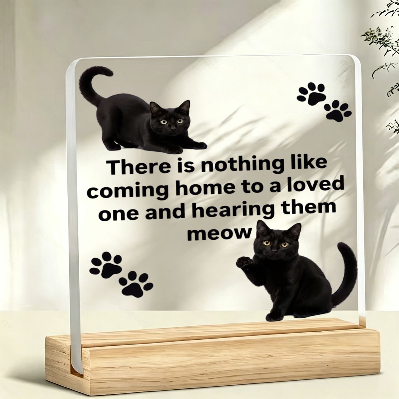 TEMU 1pc Black Cat Paw Print Tabletop Ornament Paperweight, Inspirational Slogan, Warm Message, Acrylic Ornament, Home Decor, With Wooden Base,