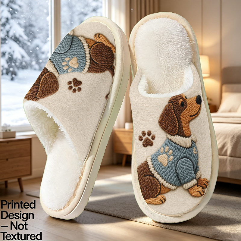 TEMU Printed Design – Not Textured: Cute Embroidered Dachshund Animal Print Pattern Slippers, Unisex Fashion Indoor/outdoor Slippers, Suitable For