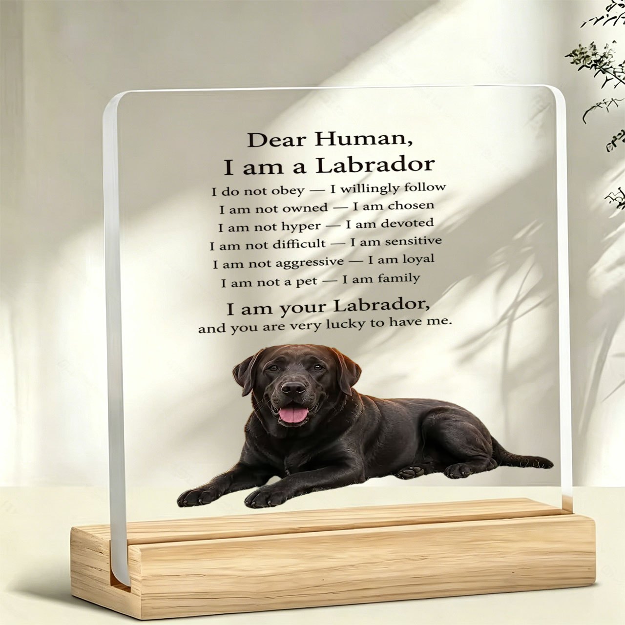 TEMU 1pc Retriever Pattern Standing Figure Paperweight, Inspirational Slogan, Warm Slogan, Acrylic Ornament, Home Decor, With Wooden Base,
